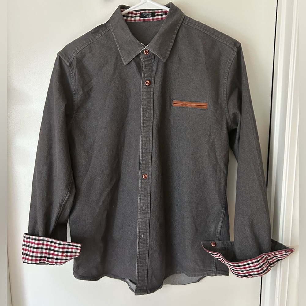 Coofandy- Gray Button-Up Shirt with Red Plaid collar and cuffs